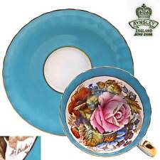 Vintage Aynsley Bone China Teacup Cup Saucer Bailey Signed Teal Blue Pink Rose picture