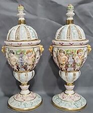 Pair of Vintage R. Capodimonte Porcelain Cherub Lion Gold Ornate Urn w/Lid Italy picture