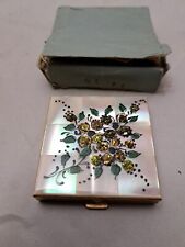 Vintage Marhill Mother Of Pearl Compact Hand Painted Enamel Shiny Stones EUC picture
