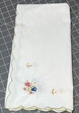 Vintage Hand Embroidered Floral Scallop Edge White Tablecloth  30 x 31 Estate ** picture