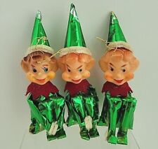 3 VTG Japan Christmas Knee Hugger Pixie Elf Shiny Metallic Suits Green Ornaments picture