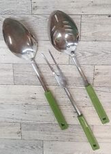 3pc VTG Foley Green Handle Chrome Meat Fork, Slotted Spoon and Serving Spoon USA picture
