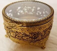 Vintage Ornate Gold Toned Miniature Jewelry Trinket Chest Round Gold Inside picture