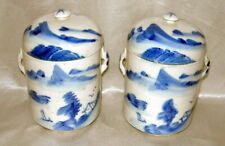 TW0 VTG. 3 Pc. Canisters Japanese Tea Jar Lid White w/ Blue Mountains Hand Ptd. picture