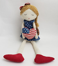 Americana Patriotic Shelf Sitter Doll Red White Blue Heart Pillow Hair Bow 18