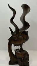 Vtg Indonesian Wood Handcarved Lovers Kissing Wavy Hair Love Wood Art 9” picture