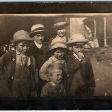 c1900s Cute Children RPPC Boys & Girl Wear Adult Hats Overalls Real Photo A13 picture