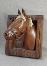 Vtg Hand Carved Wooden Horse Head in Halter Stable Background 9.5