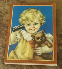 Kitsch Antique VTG Print on Wood Charlotte Becker Always Busy Girl Teddy Phone  picture