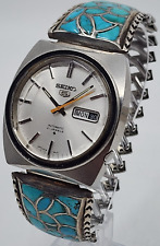 Vintage Seiko 5 Automatic W/ Native Sterling Fishscale Inlay Turquoise Tips picture