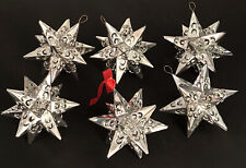 Punched TIN STARS Set (6) Mexican Tin Hanging Star Ornaments, Silver Finish picture