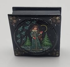 Small Vintage Russian Signed Hand Painted hinged Lacquer Box - winter maiden picture