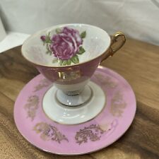 Vintage LM Royal Halsey Very Fine Pedestal Teacup & Saucer Roses Pink Gold picture