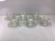 S1 Vintage Anchor Hocking Sandwich Clear Glass Cups & Saucers Set of 6 picture