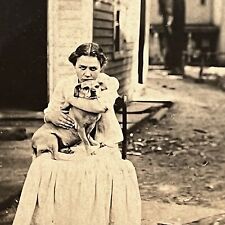 Antique Cabinet Card Photograph Woman With Beloved Pug Dog Outdoors ID Jessie picture
