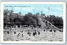 Lake Mills Wisconsin Postcard Sandy Beach Rock Lake Bathing Crowd Swimming 1938 picture