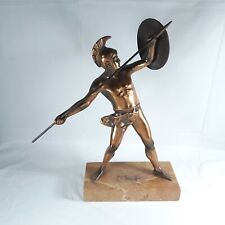 Bronze Color Spartan Warrior Small Statue Spear Shield Metal picture