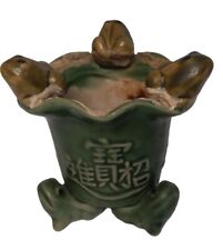 Vintage Mid-Century Mod 1970s Ceramic Green Lucky Frogs Planter Bohemian  picture