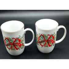 Otagiri Japan Porcelain Christmas Holly & Red Ribbon Mugs Set of 2 picture
