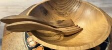 Vintage Wood Turned Bowl Wooden Salad Bowl Wooden MCM Bowl With Utensils picture