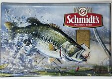 Schmidt's Premium Beer Sign 18x12 Metal Bar Wall 3D Fish Bass Fishing Vtg PRSTNE picture