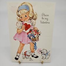 Vintage HALLMARK 1960s Girls Valentine Day Card Blonde Girl Flowers Kitties NOS picture