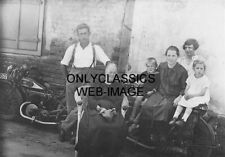 EARLY VINTAGE TRIUMPH MOTORCYCLE PHOTO PROUD FAMILY LOUNGING FOR GROUP PICTURE picture