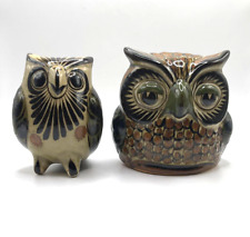 Vintage Set of 2 Carlos Villanueva Tonala Folk Art Mexican Pottery Owls Signed picture