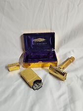 Antique 1920’s Gillette Gold Aristocrat Razor Set w/ Gold Case & Gold Blade Bank picture