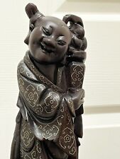 Vintage/antique Chinese Wood Carved Silver Wire Inlay Accent statue 刘海 picture