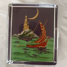 RARE VTG Cigarette Case  E.A.M Red/Gold, Sailboat, Lighthouse & Moon Enamel picture