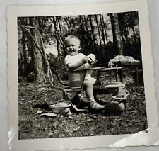 Vintage B&W Photo Happy Toddler Rides Push Toy Tricycle 3.5x3.25 picture