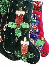 3 Vintage Velvet Sequin Christmas Stockings Candle Snowman Toy 17”-18” 1998 picture