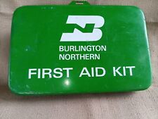Vintage Burlington Northern Railroad Metal First Aid Kit 8” x 5” With Contents picture