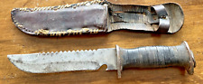 Vintage EGW Waterman Fighting Knife Stacked Leather Sawback w/sheath--386.24 picture