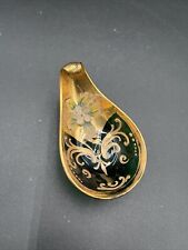 Vtg Bohemian Czech Emerald Green Glass Gold Gilt Painted Floral 4” Trinket Dish picture