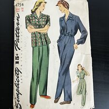 Vintage 1940s Simplicity 4754 Slim Fit Pants + Shirt Sewing Pattern 18 M/L USED picture
