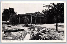 Lake Wawasee Indiana~Oakwood Hotel~Boat on Lake Shore~1945 B&W Postcard picture