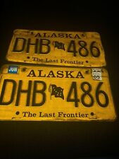 Vintage  Pair  Of Alaska License Plates DHB 486 The Last Frontier Flag Graphic picture