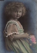 Early 1900s RPPC Studio Portrait Adorable Kid w/ Flowers, Hand Tint VTG Postcard picture