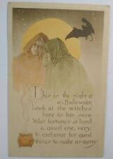 Halloween Postcard Kathryn Elliott Colorized Gibson Gothic Capes Moon Bat 1910 picture