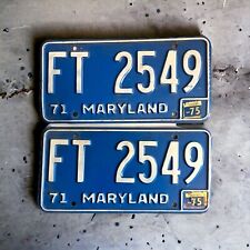 Vintage 1971 Maryland License Plate Pair FT 2549 1975 Expiration Stickers picture