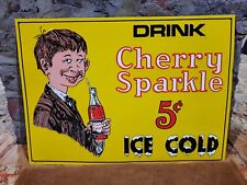 SCARCE NEW OLD STOCK NOS EMBOSSED CHERRY SPARKLE 5 CENT ICE COLD METAL SIGN picture