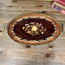 Vintage Marquetry Wood Floral Inlay Brass Handle Serving Tray Made In Italy picture