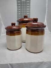 Vintage Stoneware tri-tone Brown/White Canisters jars w/lids, Set Of 3 Taiwan picture