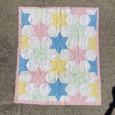 Handmade Quilt Baby Crib 6 Point Star Pastel Blue Yellow Green White Pink Cotton picture