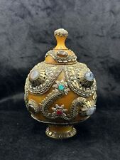 Vintage Tibetan Copal Amber Box Pot With Agate Turquoise And Coral Stone picture
