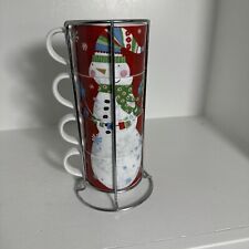 Santa Claus Set 4 Stacking Cups Mugs with Wire Rack Christmas 13” Pier 1 picture