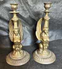 Rare Antique 1890s Winged Griffon Sphinx Brass Bronze Candlestick Holders picture
