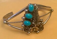 Navajo A.Johnson Bracelet STERLING SILVER TURQUOISE LEAF PEYOTE BUTTON picture